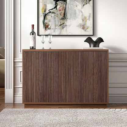 Henn&Hart 47.5'' Fluted Sideboard Buffet Cabinet, Ribbed Modern Wooden Credenza with 3 Doors, Adjustable Shelves, and Cable Management Cut-Outs for Dining Room, Kitchen or Living Room, Satin Walnut