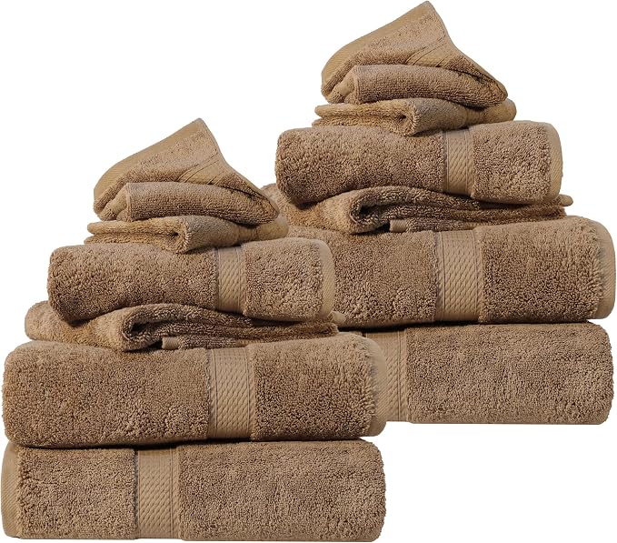 SUPERIOR Egyptian Cotton Ultra Plush & Absorbent, 12 Piece Set, Latte | Heavyweight 12 Pc Egyptian Cotton Towel Set Includes 4 Bath Towels 4 Hand Towels 4 Washcloths Decorative Rope Border