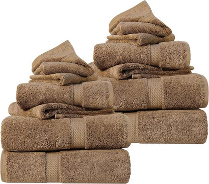 SUPERIOR Egyptian Cotton Ultra Plush & Absorbent, 12 Piece Set, Latte | Heavyweight 12 Pc Egyptian Cotton Towel Set Includes 4 Bath Towels 4 Hand Towels 4 Washcloths Decorative Rope Border
