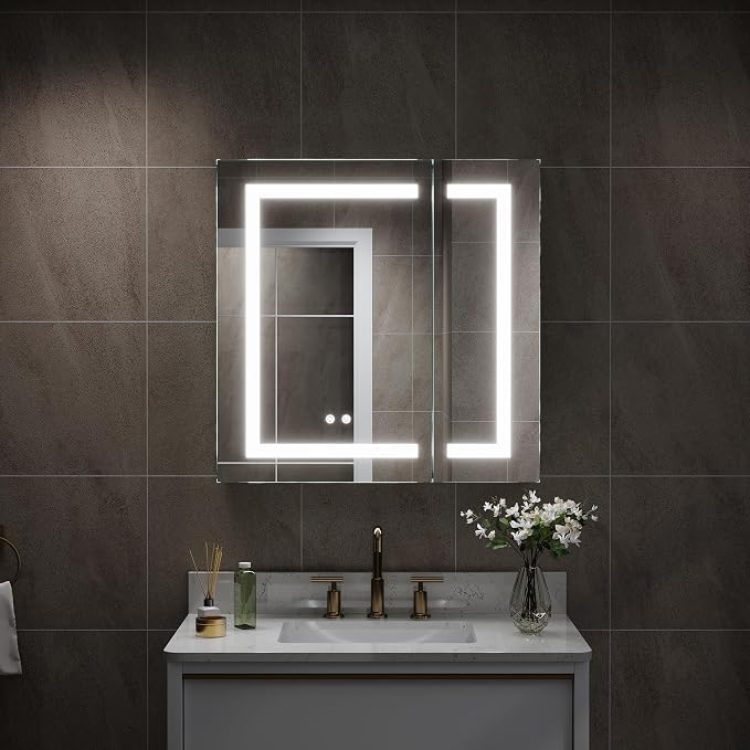 WELLFOR 30" X 30" Bathroom LED Medicine Cabinet with Mirror, Medicine Cabinet with Lights, Bathroom Mirror with Storage, Dimmer, Defogger, Outlets & USB Ports, Double Doors