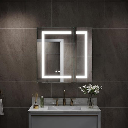WELLFOR 30" X 30" Bathroom LED Medicine Cabinet with Mirror, Medicine Cabinet with Lights, Bathroom Mirror with Storage, Dimmer, Defogger, Outlets & USB Ports, Double Doors
