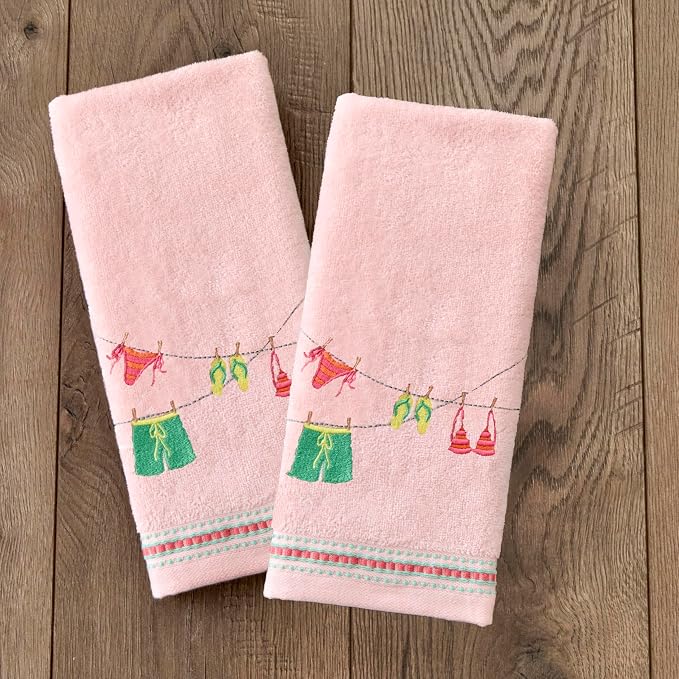 SKL Home Summer Clothesline Hand Towel Set-2pc, 100% Cotton, Blush | Decorative, embroidered velour. For use in the bathroom, kitchen or bar & makes a fun gift.