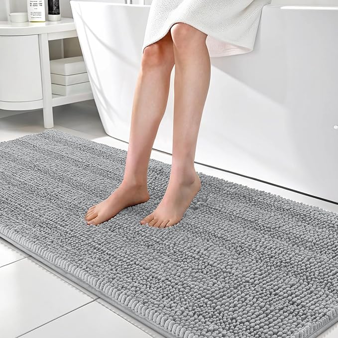 OLANLY Thick Bathroom Runner Rugs 70x24, Chenille Bath Rugs, Light Grey | Absorbent Striped, Rubber Backing, Machine Wash, Long Bath Mats for Bathroom Floor, Tub and Shower, Home Decor Accessories