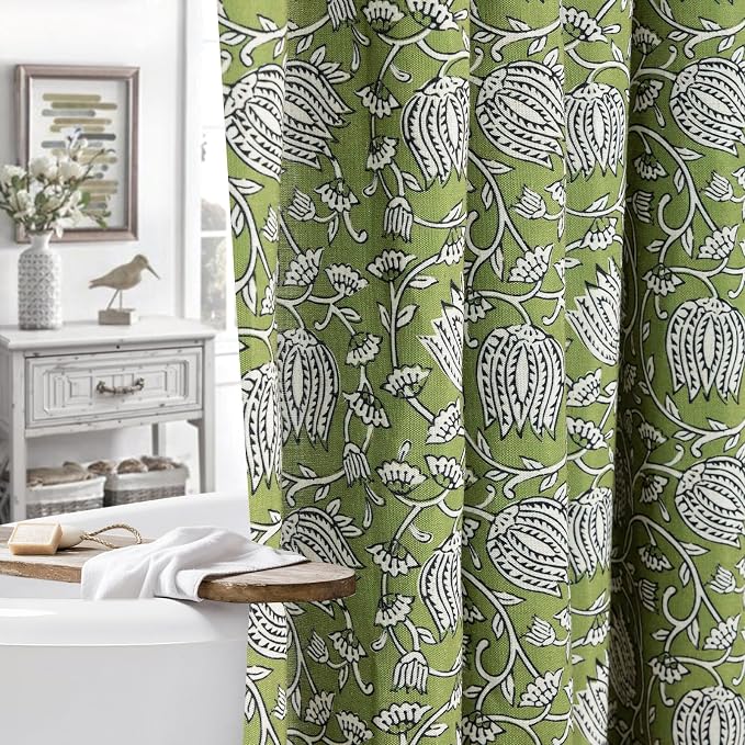 MUGINYU Sage Green Floral Shower Curtain Vintage Block Print - 72x72 Inches,Cotton Blend Cloth Fabric Farmhouse Decorative French Country Bathroom Decor, Cottagecore Aesthetic Pattern