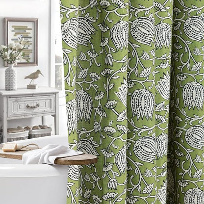 MUGINYU Sage Green Floral Shower Curtain Vintage Block Print - 72x72 Inches,Cotton Blend Cloth Fabric Farmhouse Decorative French Country Bathroom Decor, Cottagecore Aesthetic Pattern