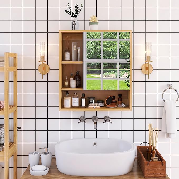 SMIBUY Bathroom Mirror Cabinet Wall Mounted, Bamboo Space Saver Medicine Cabinet, Wall Hanging Over Toilet Storage Cabinet with Mirror Door and Adjustable Shelf (Natural)
