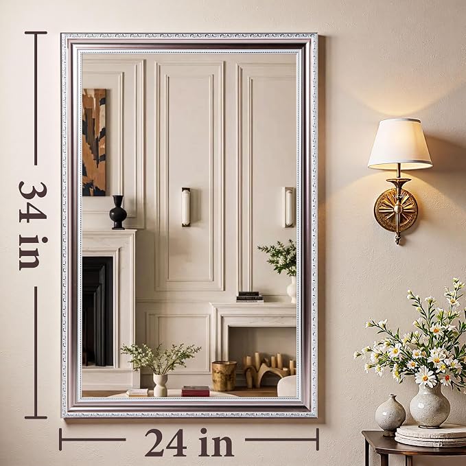 ROLOVE 24x34 Inch Brushed Rose Gold Frame Mirror for Wall, Ornate Baroque Wall Mirror, Large Vintage Decorative Mirror for Mantel & Bathroom, Waterproof Frame, Tempered Glass (Champagne Pink Hue)