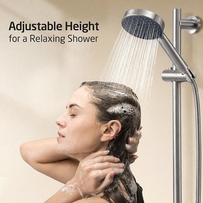 KES Adjustable Shower Head with Slide Bar, 5-Function Handheld Sliding Shower Head with Extra Long Hose Wall Mount Brushed Finish, F204-BS-C1