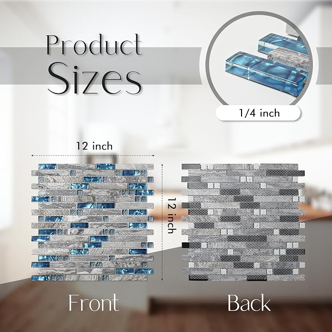 Gray Marble Tile for Kitchen Backsplash 12 in. x 12 in. x 8 mm Teal Blue Glass Mosaic Bathroom Shower Wall Linear Tiles (Pack of 5 Sheets)