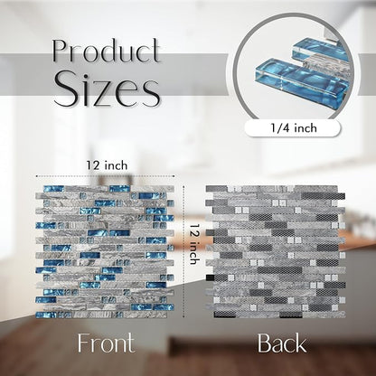 Gray Marble Tile for Kitchen Backsplash 12 in. x 12 in. x 8 mm Teal Blue Glass Mosaic Bathroom Shower Wall Linear Tiles (Pack of 5 Sheets)