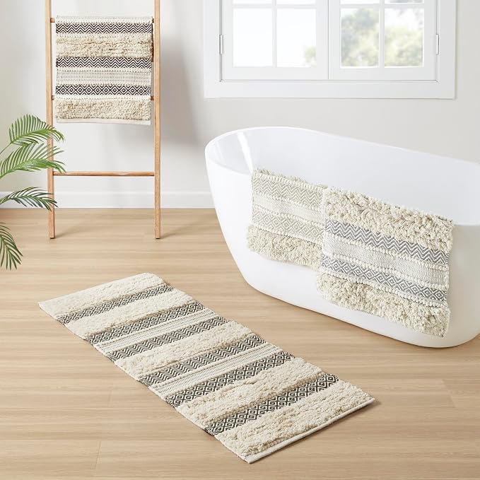 INK+IVY Bath Rug Hand-Woven Texture Shaggy Striped Soft & Water Absorbent, Boho Bathroom Décor Bath-Mats, Non-Slip Absorbent Quick Dry Mats for Tub, Shower Room, Asher, 20x32, Black 1 Piece