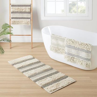 INK+IVY Bath Rug Hand-Woven Texture Shaggy Striped Soft & Water Absorbent, Boho Bathroom Décor Bath-Mats, Non-Slip Absorbent Quick Dry Mats for Tub, Shower Room, Asher, 20x32, Black 1 Piece
