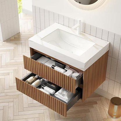 30" Bathroom Vanity with Sink, Modern Bathroom Floating Vanity with Travertine-Pattern Sintered Stone Top & Ceramic Undermount Basin, Pre-Assembled W/2 Drawers, Espresso/W