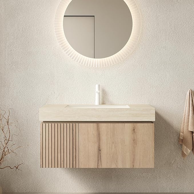 Ambrovina 36 inch Bathroom Vanity with Sink, Wall Mounted Storage Vanities with Drawer and Door, Roma Travertine-Pattern Countertop and Ceramic Basin, Pre-Assembled Cabinet, Light Wooden Color
