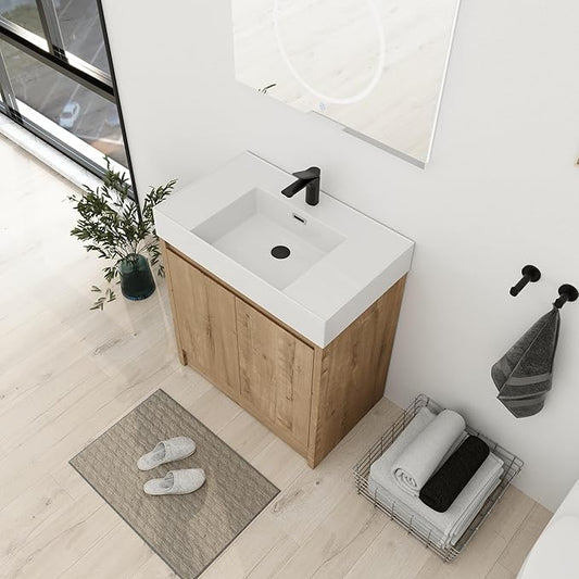 30'' Freestanding Bathroom Vanity, 30 Inch Floor Stand Bathroom Vanity with Sink, Single Resin Sink Cabinet Set, Modern Storage Cabinet, with Soft Closing Door, 03630IMO+30120MMO