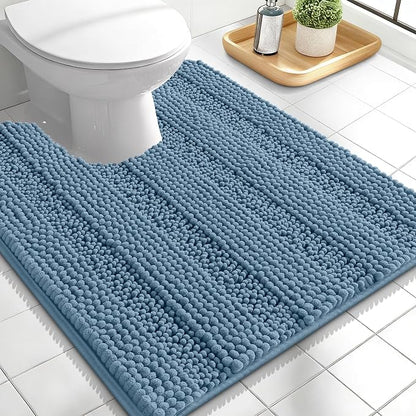 OLANLY Thick Toilet Rugs U-Shaped 24x20, Soft Chenille Bath Mat, Airy Blue | Extra Absorbent Striped Contour Bathroom Rugs for Toilet, Dry Quickly, Machine Washable, Non-Slip