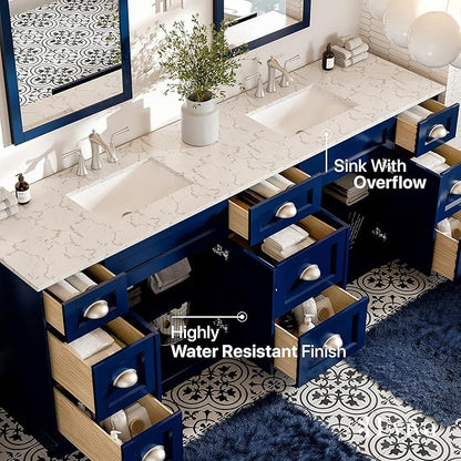 Eviva Blue Bathroom Vanity, 84 inch, Carrara Quartz Countertop - Double Sink - Soft-Closing Doors & Brushed Nickel Handles