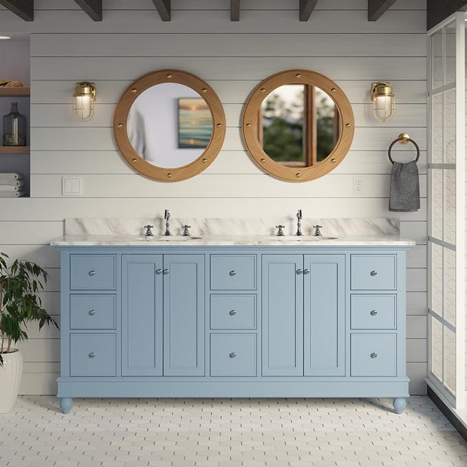 Bella 72-inch Double Bathroom Vanity (Carrara/Powder Blue): Includes Powder Blue Cabinet with Authentic Italian Carrara Marble Countertop and White Ceramic Sinks