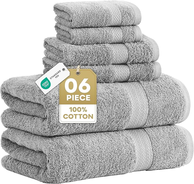 LANE LINEN Towel Set for Bathroom 6 Piece Soft Absorbent Quick Dry - Grey | Towels And Washcloths Sets - Oversized & Roomy, Lightweight & Breathable, Fade-Resistant Color, Classic Terry Weave