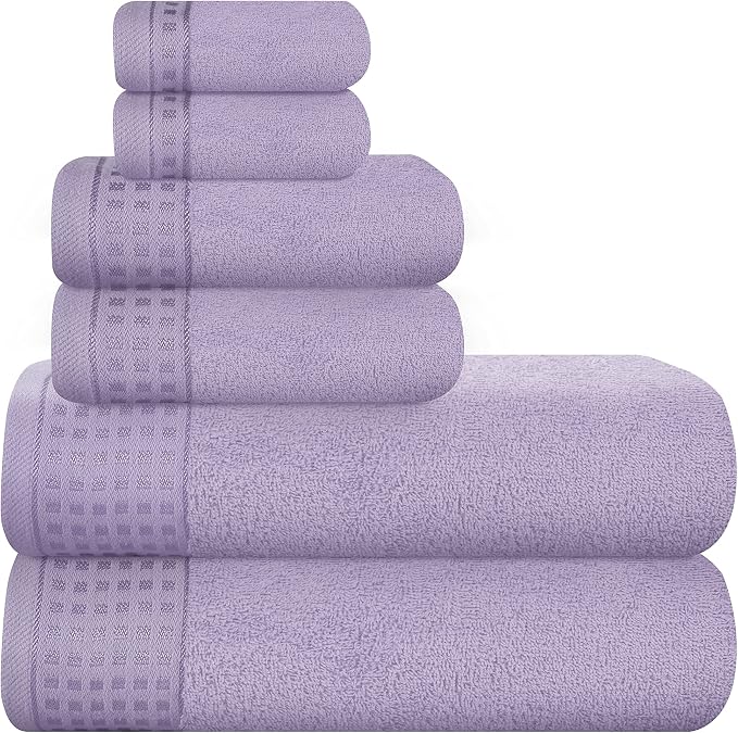 GLAMBURG 100% Cotton Ultra Soft 6 Pack Towel Set, Contains 2 Bath Towels 28x55 Inches, 2 Hand Towels 16x24 Inches & 2 Wash Coths 12x12 Inches, Compact Absorbent Lightweight & Quickdry - Purple