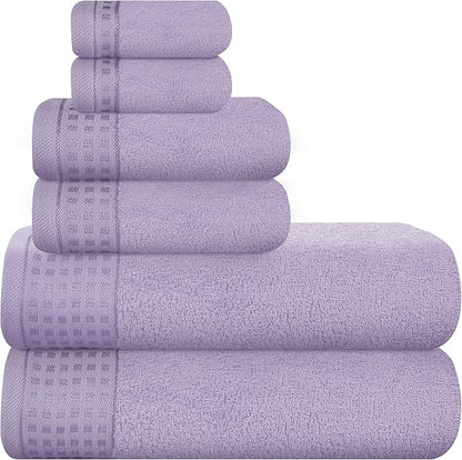 GLAMBURG 100% Cotton Ultra Soft 6 Pack Towel Set, Contains 2 Bath Towels 28x55 Inches, 2 Hand Towels 16x24 Inches & 2 Wash Coths 12x12 Inches, Compact Absorbent Lightweight & Quickdry - Purple