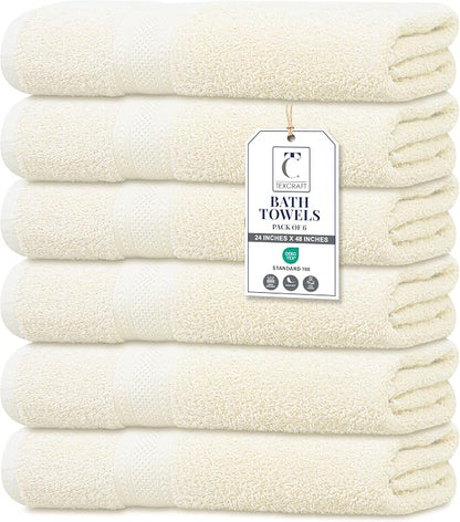 Medium Size Bath Towels Set of 6 – 100% Cotton Terry – 24" x 48" – Quick Dry, Soft & Highly Absorbent – Ivory Towels for Bathroom, Gym, Spa, Pool & Daily Use