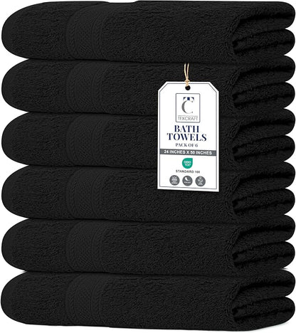 Large Bath Towels Set of 6 – 100% Cotton Terry – 24" x 50" – Quick Dry, Soft & Highly Absorbent – Black Towels for Bathroom, Gym, Spa, Pool & Daily Use