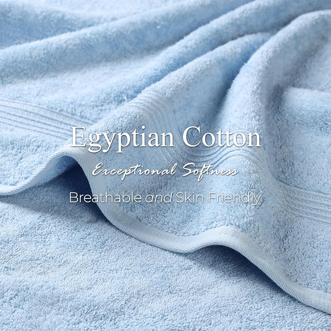 SUPERIOR Egyptian Cotton 6-Piece Towel Set, Bathroom Essentials, Towels for Bathroom, Apartment, Airbnb, Guest Bath, Face, Hand, Bath Towels, Washcloths, Absorbent, Fast Drying, Light Blue