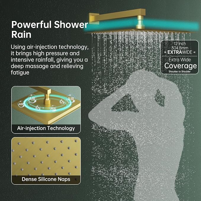 Hoimpro Shower System Set with 12 Inch Bathroom Rain Mixer Shower Head and Handheld Wall Mounted, Rainfall Shower Faucet Fixture Combo with High Pressure 2 in 1 Handheld Showerhead, Brushed Gold | High Pressure 12 Inch Bathroom Rainfall Shower Head,2-i...