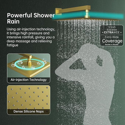 Hoimpro Shower System Set with 12 Inch Bathroom Rain Mixer Shower Head and Handheld Wall Mounted, Rainfall Shower Faucet Fixture Combo with High Pressure 2 in 1 Handheld Showerhead, Brushed Gold | High Pressure 12 Inch Bathroom Rainfall Shower Head,2-i...