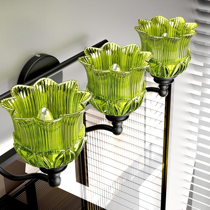 3-Light Vanity Light Over Mirror with Green Crystal Glass Shade | Valley-Lily Shaped Bathroom Light Fixture Black Antique Finish Wall Sconces Mirror Front Lighting for Hallway Living Room