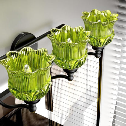 3-Light Vanity Light Over Mirror with Green Crystal Glass Shade | Valley-Lily Shaped Bathroom Light Fixture Black Antique Finish Wall Sconces Mirror Front Lighting for Hallway Living Room