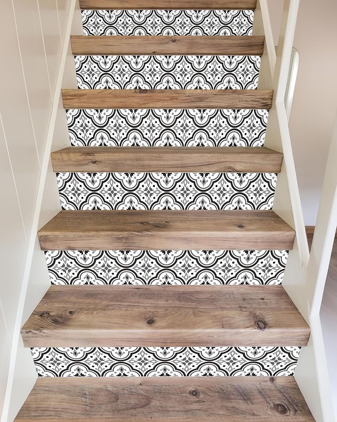FLFK Stair Riser Decals - Black Patterns Stair Stickers Murals Peel and Stick Self-Adhesive for Home Decor, 39.3" W x 7.08" H x 13Pcs