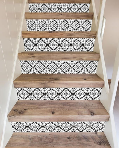 FLFK Stair Riser Decals - Black Patterns Stair Stickers Murals Peel and Stick Self-Adhesive for Home Decor, 39.3" W x 7.08" H x 13Pcs