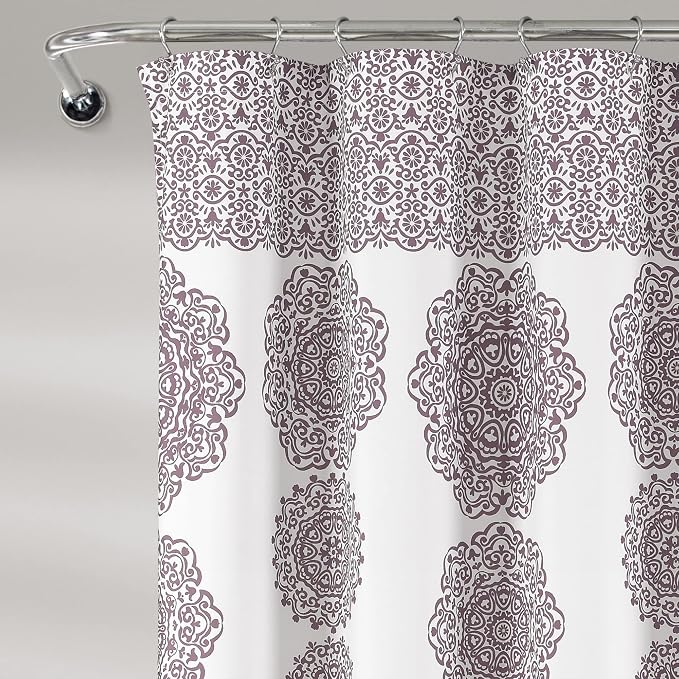 Lush Decor Stripe Medallion Shower Curtain-Fabric Mandala Bohemian Damask Print Design, 72" x 72", Purple