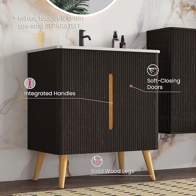 30" Modern Bathroom Vanity with Sink, Mid Century Bathroom Cabinet with 2 Soft Close Doors, Large Storage with Shelf for Small Space, Apartment & Hotel Style, Brushed Black Oak