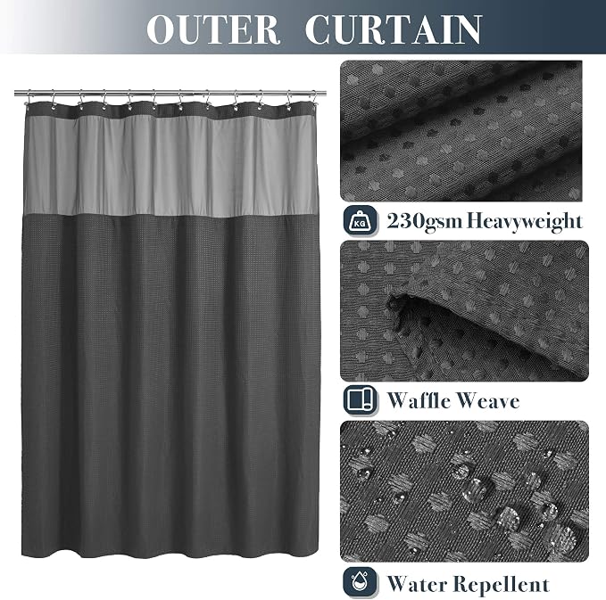 N&Y HOME Waffle Weave Shower Curtain with Snap Liner 71x72, Graphite Gray | 12 Metal Hooks Included, Snap on Fabric Liner, Mesh Window, Washable, Hotel Style Shower Curtain Set for Bathroom