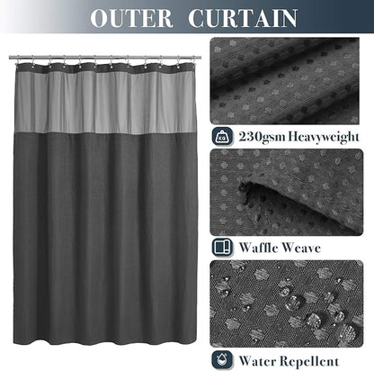 N&Y HOME Waffle Weave Shower Curtain with Snap Liner 71x72, Graphite Gray | 12 Metal Hooks Included, Snap on Fabric Liner, Mesh Window, Washable, Hotel Style Shower Curtain Set for Bathroom