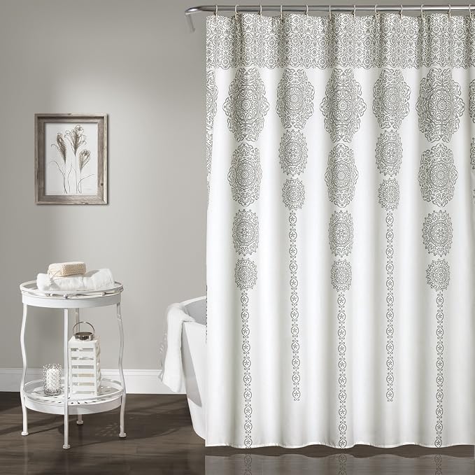 Lush Decor, Gray Stripe Medallion Shower Curtain-Fabric Mandala Bohemian Damask Print Design - 72" x 72"