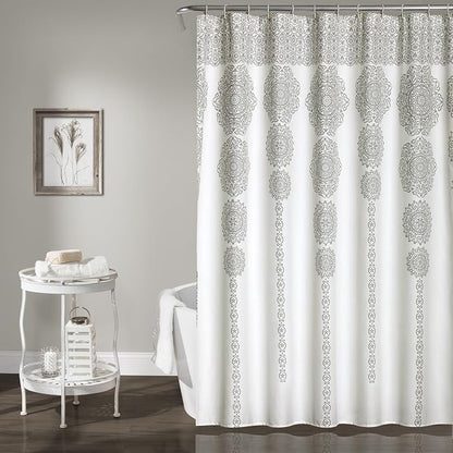 Lush Decor, Gray Stripe Medallion Shower Curtain-Fabric Mandala Bohemian Damask Print Design - 72" x 72"