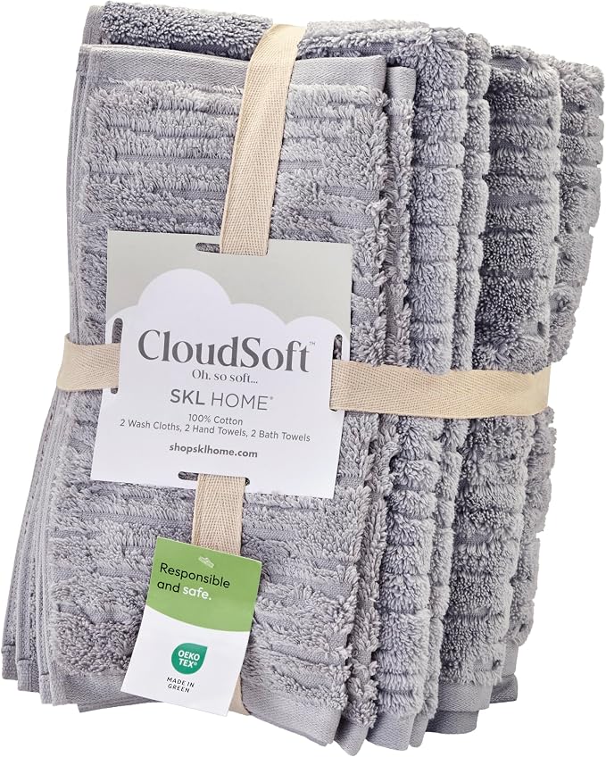 SKL Home CloudSoft Bath Towel Set, 6-Piece, 100% Cotton Luxury, Gray | 2 Bath towels, 2 hand towels, 2 washcloths. Premium spa-level quality. 600/520 GSM weight. Ultra plush & absorbent.