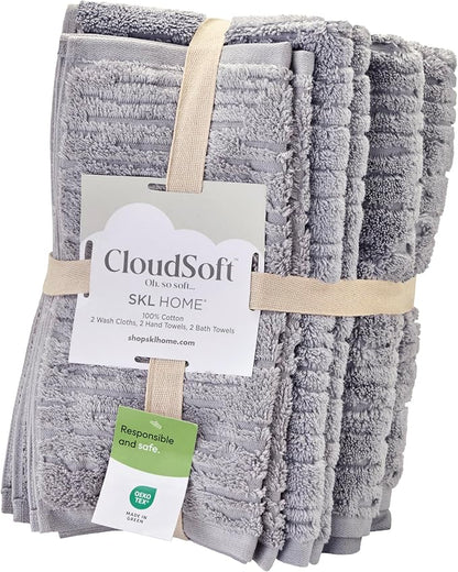 SKL Home CloudSoft Bath Towel Set, 6-Piece, 100% Cotton Luxury, Gray | 2 Bath towels, 2 hand towels, 2 washcloths. Premium spa-level quality. 600/520 GSM weight. Ultra plush & absorbent.
