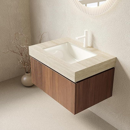 30” Floating Bathroom Vanity with Sink, Wall-Mounted Cabinet with Drawer & Doors, Roma Travertine-Pattern Countertop, Undermount Basin, Single Faucet Hole, Soft-Close, Pre-Assembled, Brown Oak