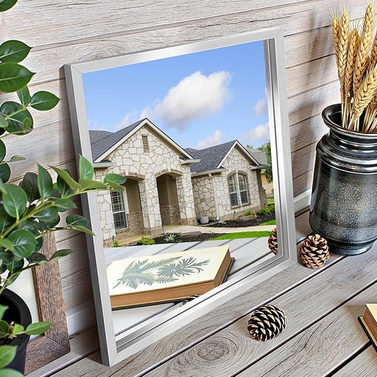 CIRCUMI 14"x16" Silver Mirror with Chunky Box Metal Frame, Brushed Finish Rectangular Wall Mirrors for Living Room, Entryway, Hallway, Tempered Glass Mirror as Decor, Installed Vertical or Horizontal