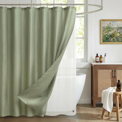 Siiluminisoy Shower Curtain and Liner Set, Waffle Shower Curtain Set with 12 Stainless Steel Hooks, Waterproof Luxury Fabric Shower Curtains for Bathroom and Hotel, Sage Green, 72" W x 72" H