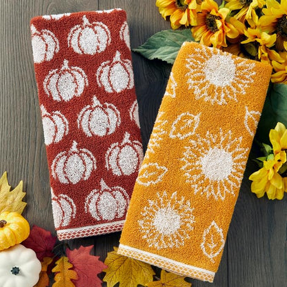 SKL Home Fall/Thanksgiving Pumpkin Hand Towel Set-2pc, Jacquard, Spice | 100% Cotton. Soft, absorbent & reversible. For use in the bathroom, kitchen or bar & gifting.
