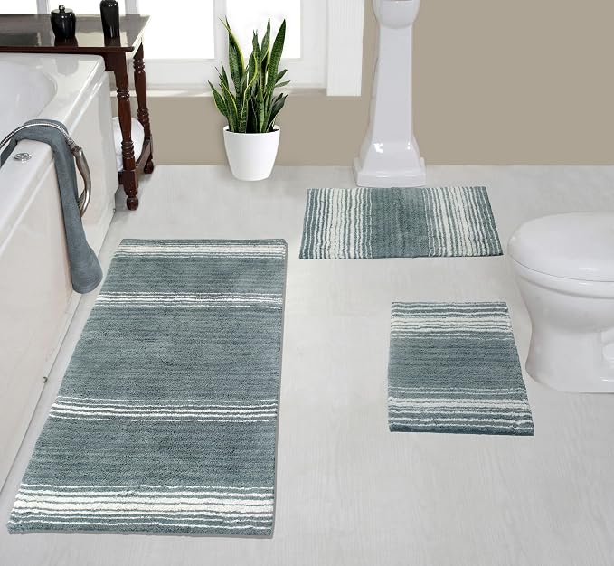 Home Weavers 100% Cotton Gradiation Collection Bathroom Décor | Washable Rug | Bathroom Mat | Kitchen Mat | Bathroom Rug Set | Bath Mat Set | Bath Floor Mat Non Slip, 3 Piece Set with Runner, Gray