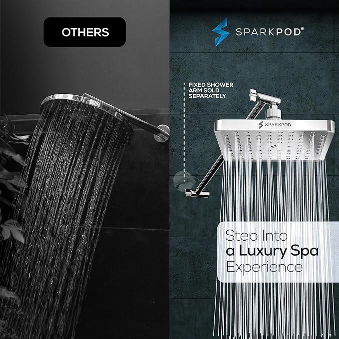 SparkPod 8" Square Rain Shower Head with 16" Shower Arm | Shower Head & Extension Arm Combo, Height Adjustable, High Pressure Performance, Easy 1-Minute Installation, Polished Chrome