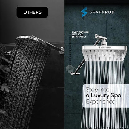 SparkPod 8" Square Rain Shower Head with 16" Shower Arm | Shower Head & Extension Arm Combo, Height Adjustable, High Pressure Performance, Easy 1-Minute Installation, Polished Chrome