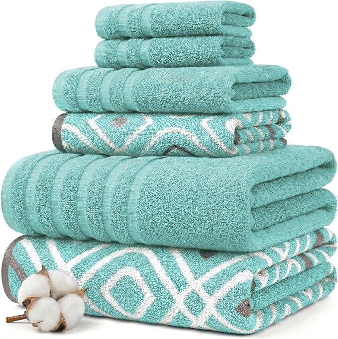 Modern Threads 6 Piece Bath Towel Set – Bathroom Set with 2 Bath Towels, 2 Hand Towels, and 2 Wash Cloths – 100% Cotton, Super Absorbent & Extra Soft – Reversible Classic Diamond (Aqua)